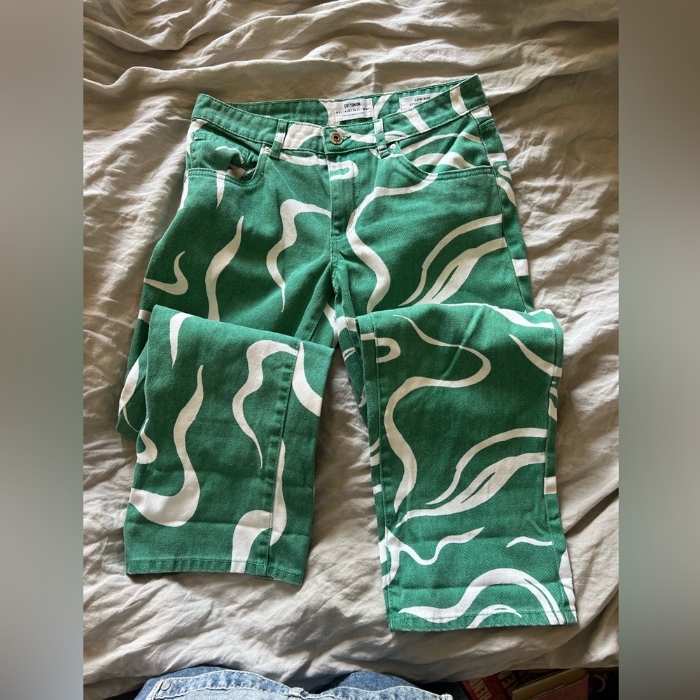 Cotton On Low Rise Green and White Swirl Straight Jeans sz4 - Picture 6 of 13